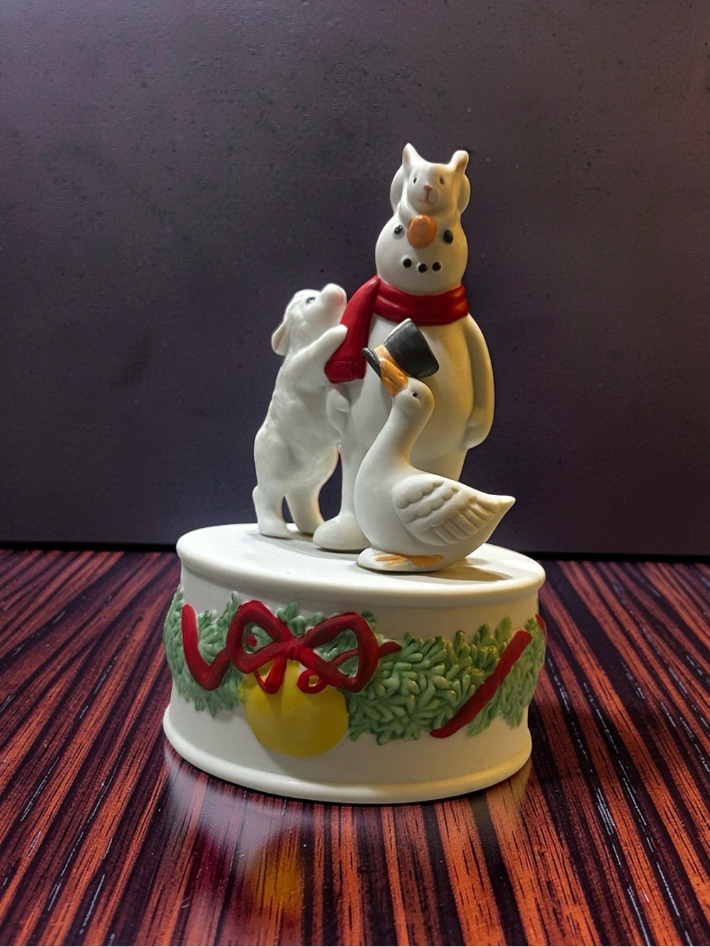 Schmid Holiday Snowman & Animal Musical Box - White with Red Scarf RT
